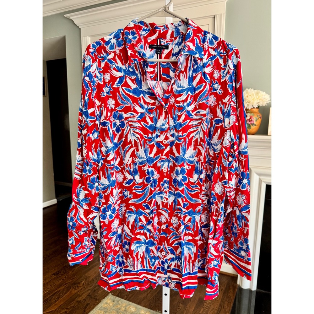 Tommy Hilfiger Womens Red Blue‎ Tropical Floral Fleur Button Up Blouse Large - Picture 2 of 8